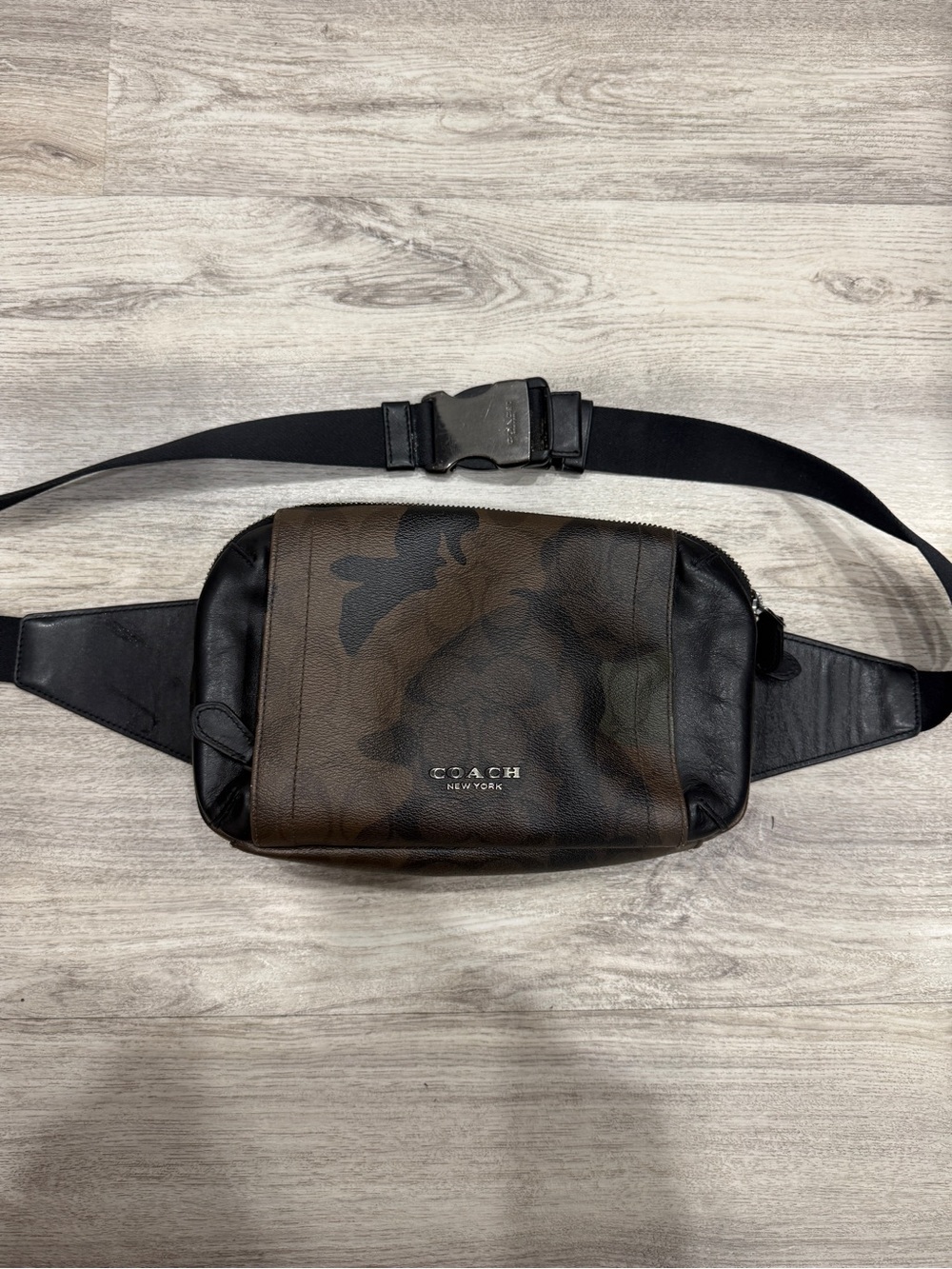 Coach Men's Black and Camo Multi Pocket Leather Belt Bag.